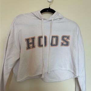 UVA White Cropped Hoodie with dusty blue and Orange Lettering “HOOS”